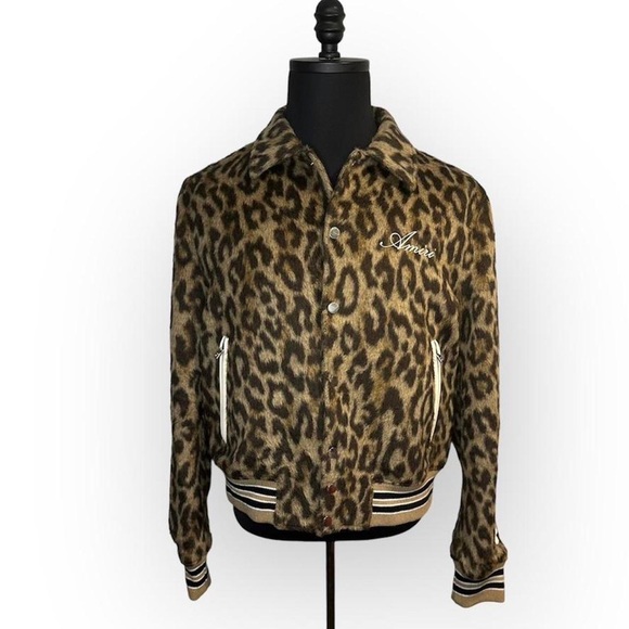 Men’s AMIRI Bones Leopard-Print Wool Varsity Jacket Medium - Picture 1 of 8